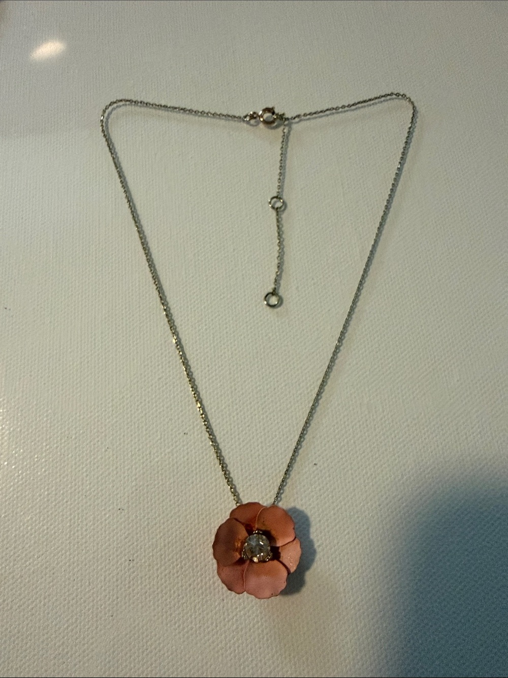 Powder Pink Flower Pendant Necklace Crystal Accent dainty gold toned chain ~17”